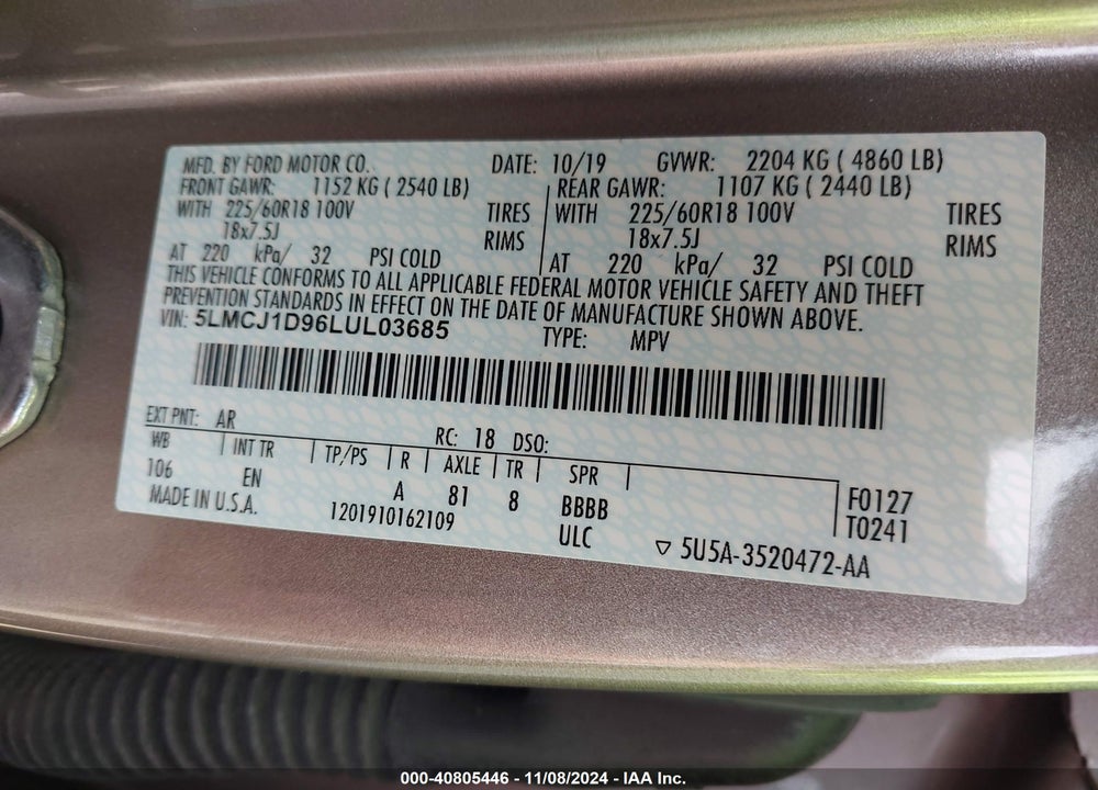 2020 LINCOLN CORSAIR STANDARD VIN: 5LMCJ1D96LUL03685