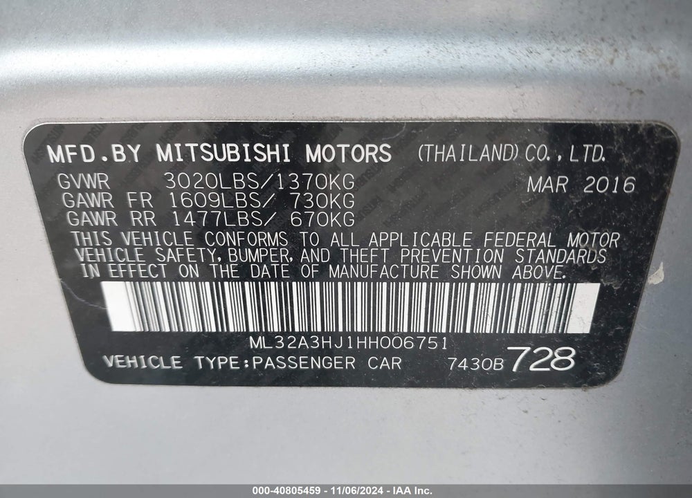 2017 MITSUBISHI MIRAGE ES VIN: ML32A3HJ1HH006751