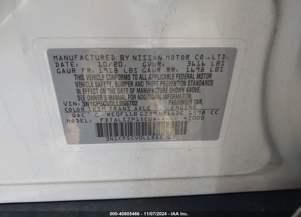 2020 NISSAN KICKS SV XTRONIC CVT VIN: 3N1CP5CV0LL555702