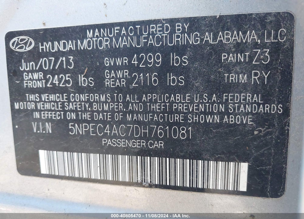 2013 HYUNDAI SONATA SE VIN: 5NPEC4AC7DH761081