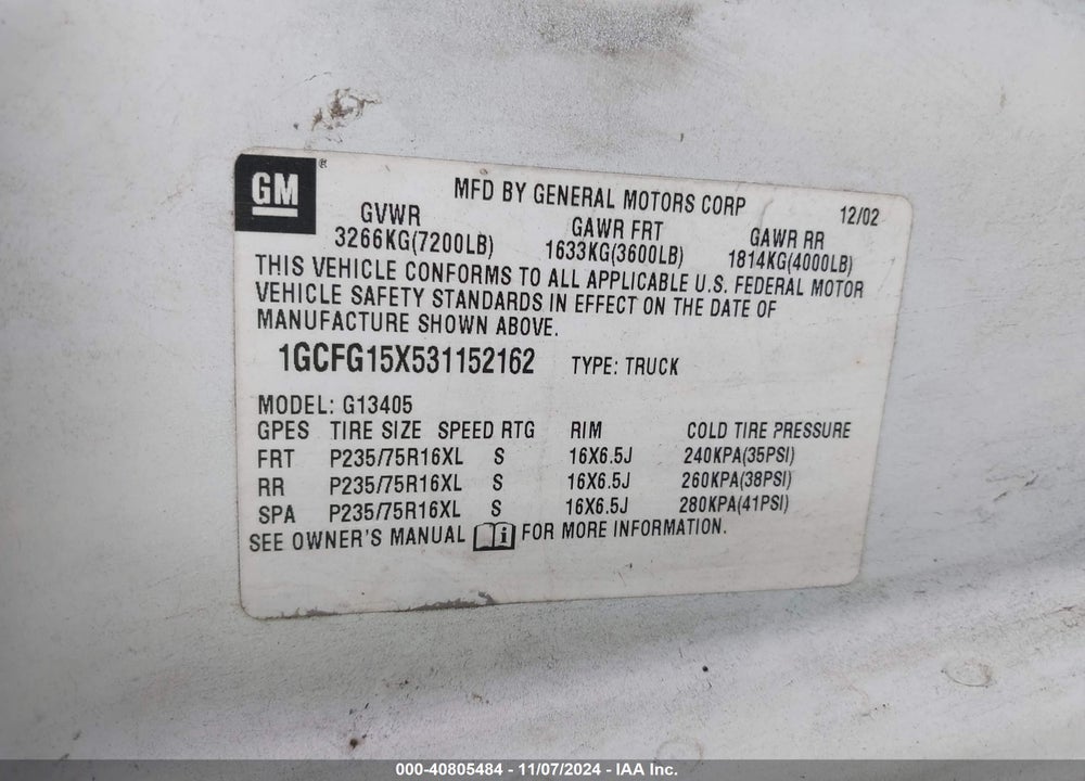 2003 CHEVROLET EXPRESS VIN: 1GCFG15X531152162