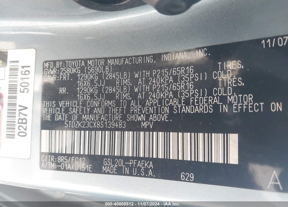 2008 TOYOTA SIENNA LE VIN: 5TDZK23CX8S139483