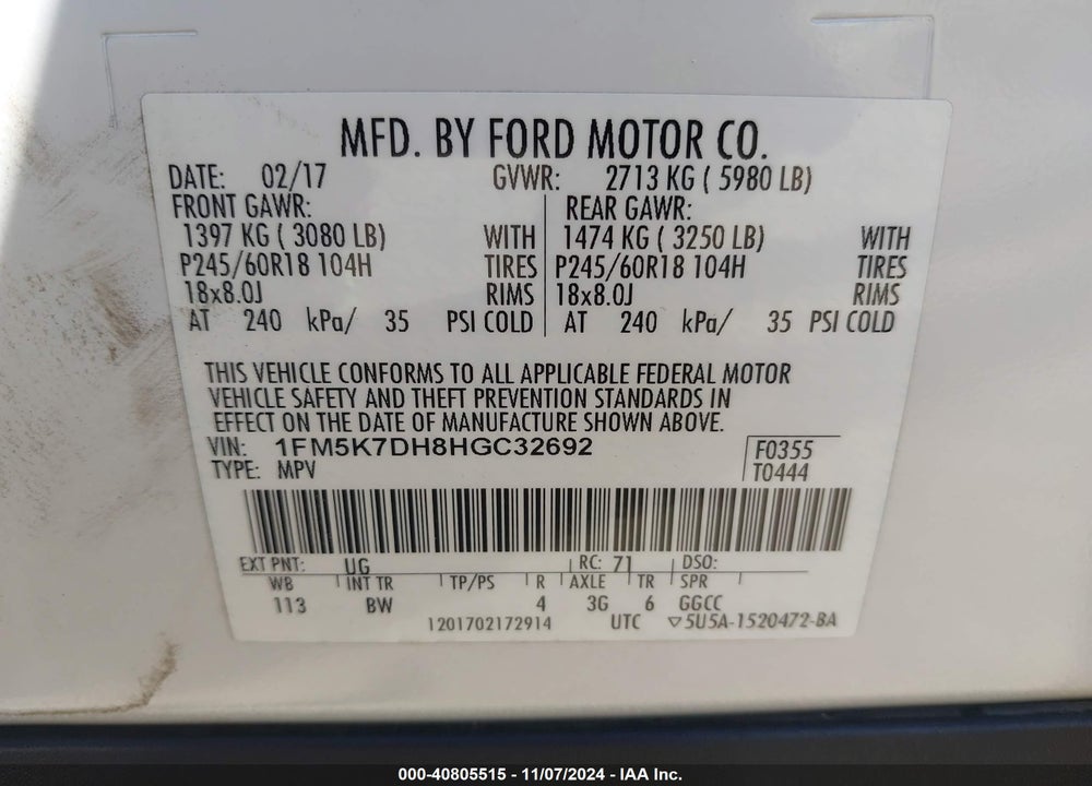2017 FORD EXPLORER XLT VIN: 1FM5K7DH8HGC32692