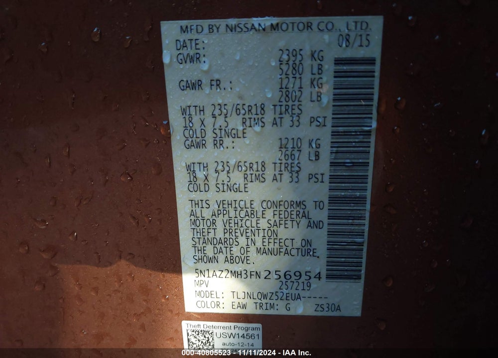 2015 NISSAN MURANO SV VIN: 5N1AZ2MH3FN256954