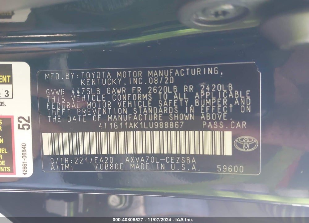 2020 TOYOTA CAMRY SE VIN: 4T1G11AK1LU988867