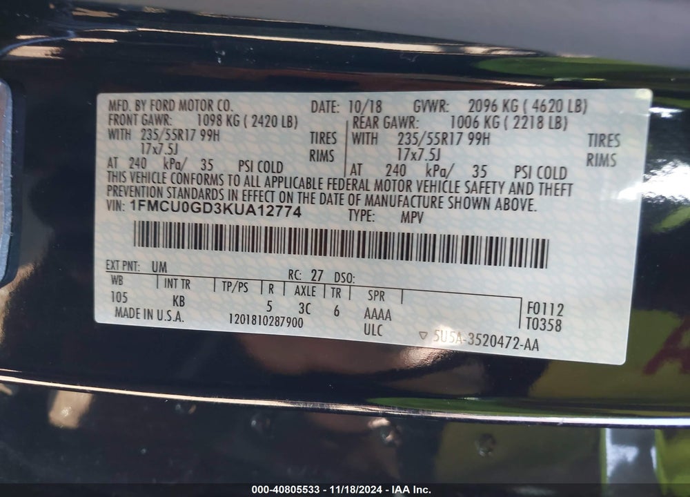 2019 FORD ESCAPE SE VIN: 1FMCU0GD3KUA12774