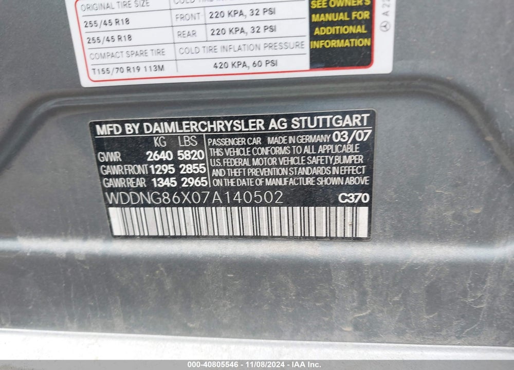 2007 MERCEDES-BENZ S 550 VIN: WDDNG86X07A140502