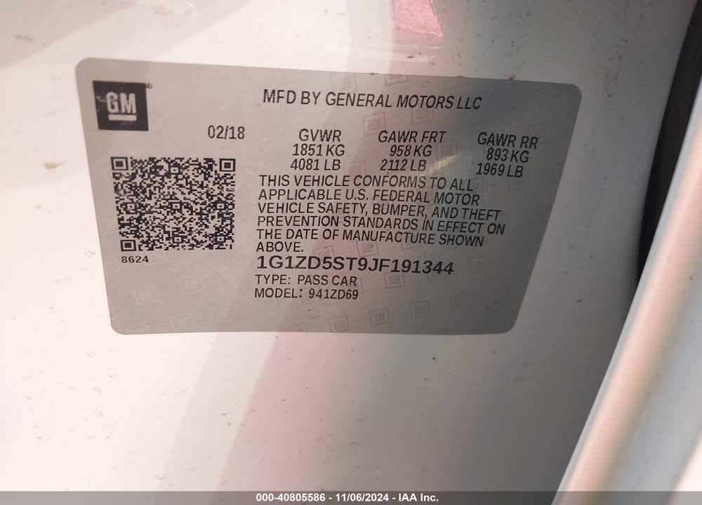 2018 CHEVROLET MALIBU LT VIN: 1G1ZD5ST9JF191344