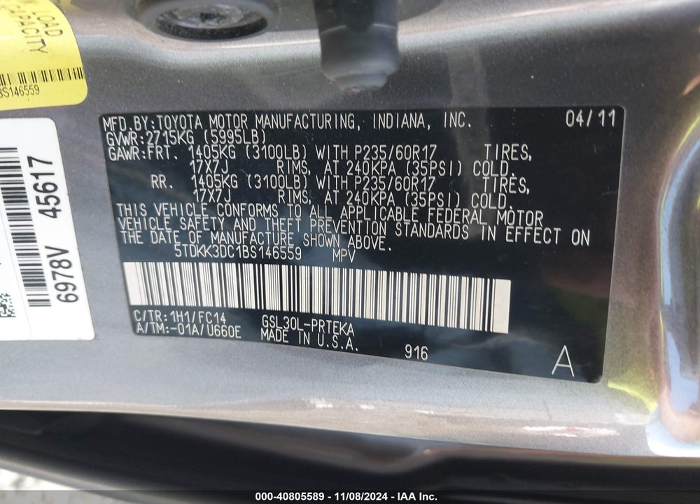 2011 TOYOTA SIENNA LE V6 VIN: 5TDKK3DC1BS146559