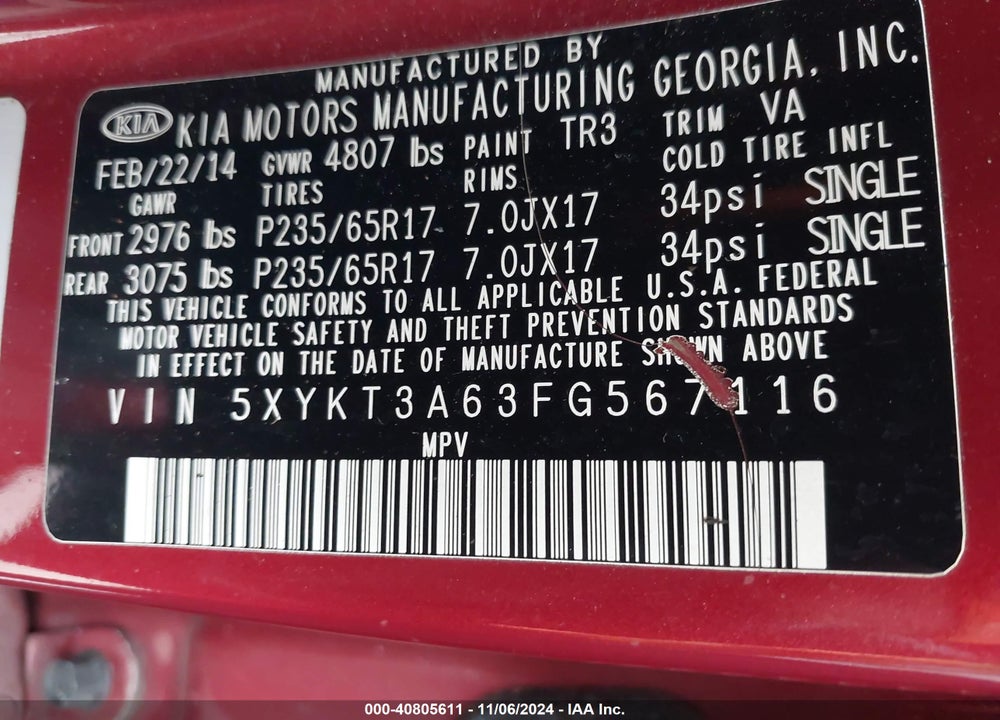 2015 KIA SORENTO LX VIN: 5XYKT3A63FG567116
