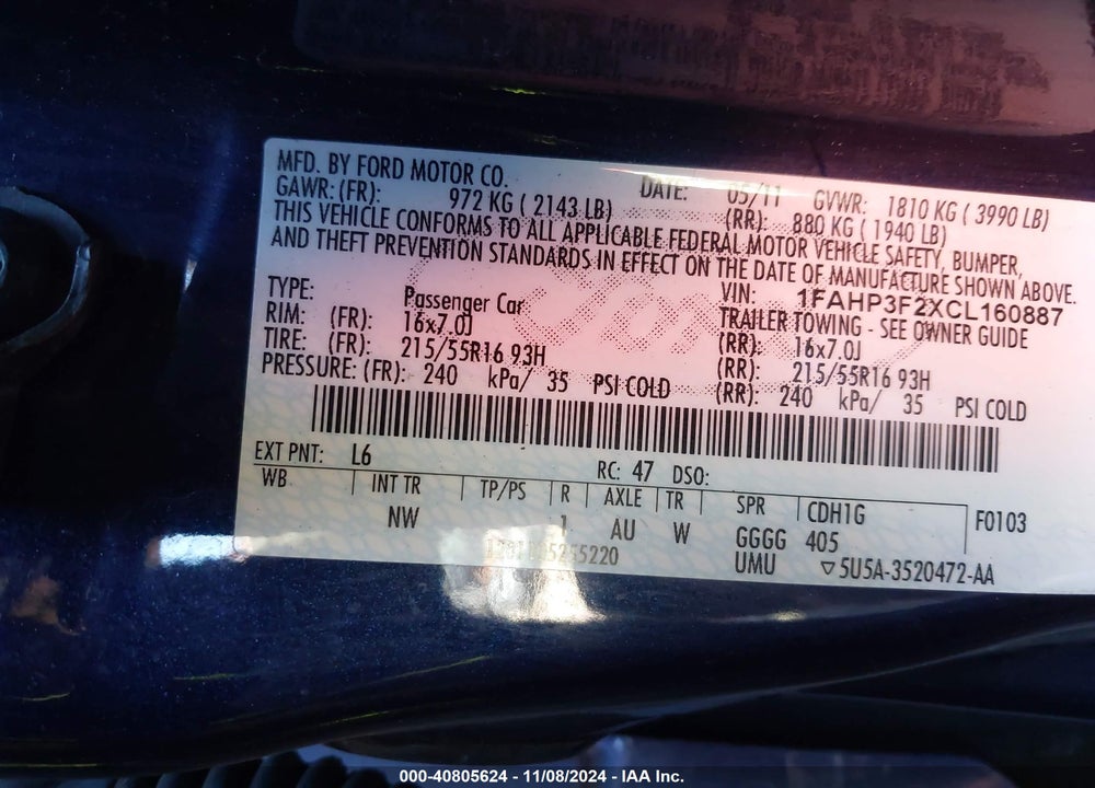2012 FORD FOCUS SE VIN: 1FAHP3F2XCL160887