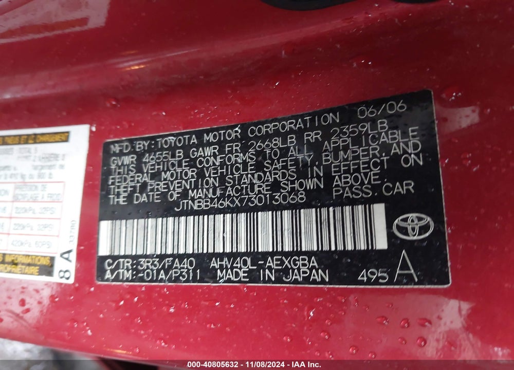 2007 TOYOTA CAMRY HYBRID VIN: JTNBB46KX73013068