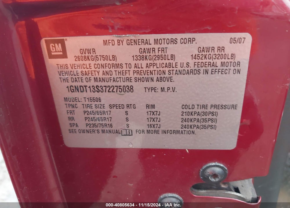 2007 CHEVROLET TRAILBLAZER LT VIN: 1GNDT13S372275038
