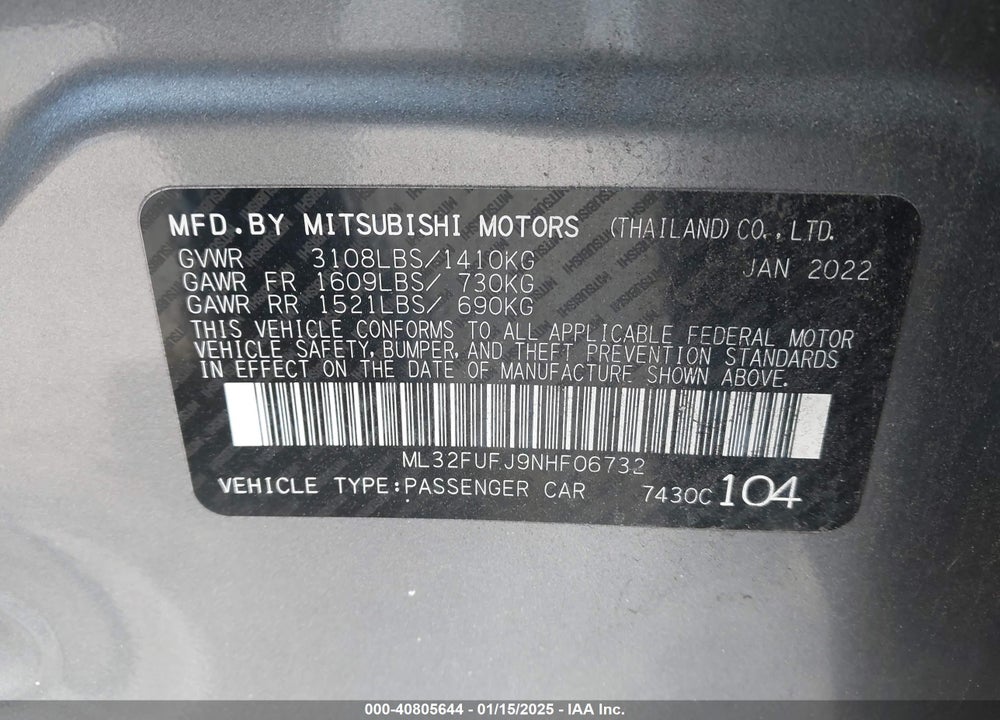 2022 MITSUBISHI MIRAGE G4 ES VIN: ML32FUFJ9NHF06732