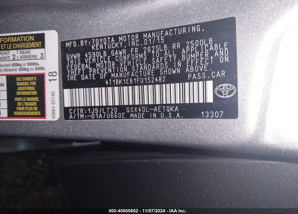 2015 TOYOTA AVALON XLE TOURING VIN: 4T1BK1EB1FU152482