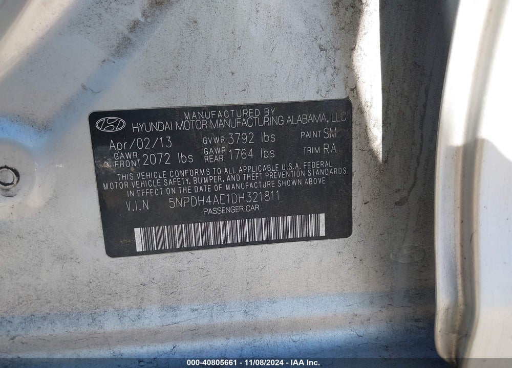 2013 HYUNDAI ELANTRA GLS VIN: 5NPDH4AE1DH321811