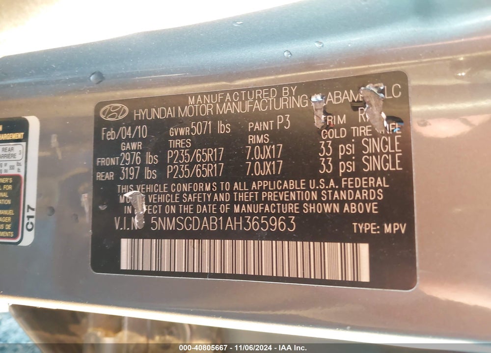 2010 HYUNDAI SANTA FE GLS VIN: 5NMSGDAB1AH365963
