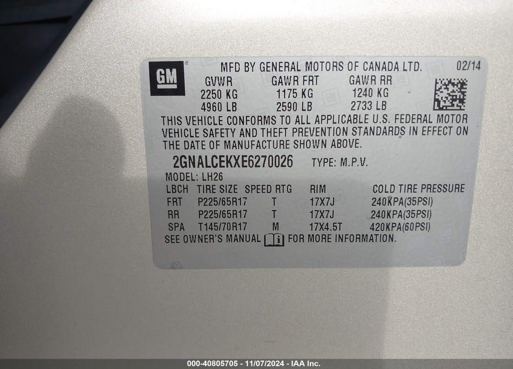 2014 CHEVROLET EQUINOX 2LT VIN: 2GNALCEKXE6270026