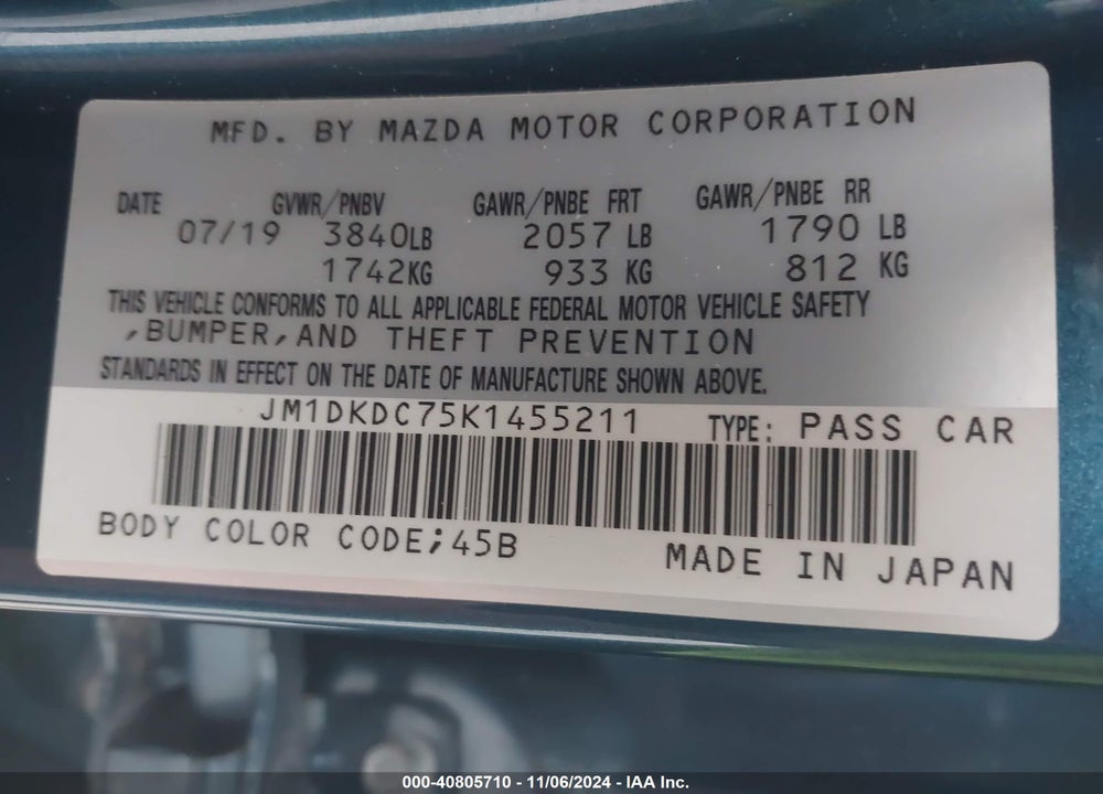 2019 MAZDA CX-3 TOURING VIN: JM1DKDC75K1455211