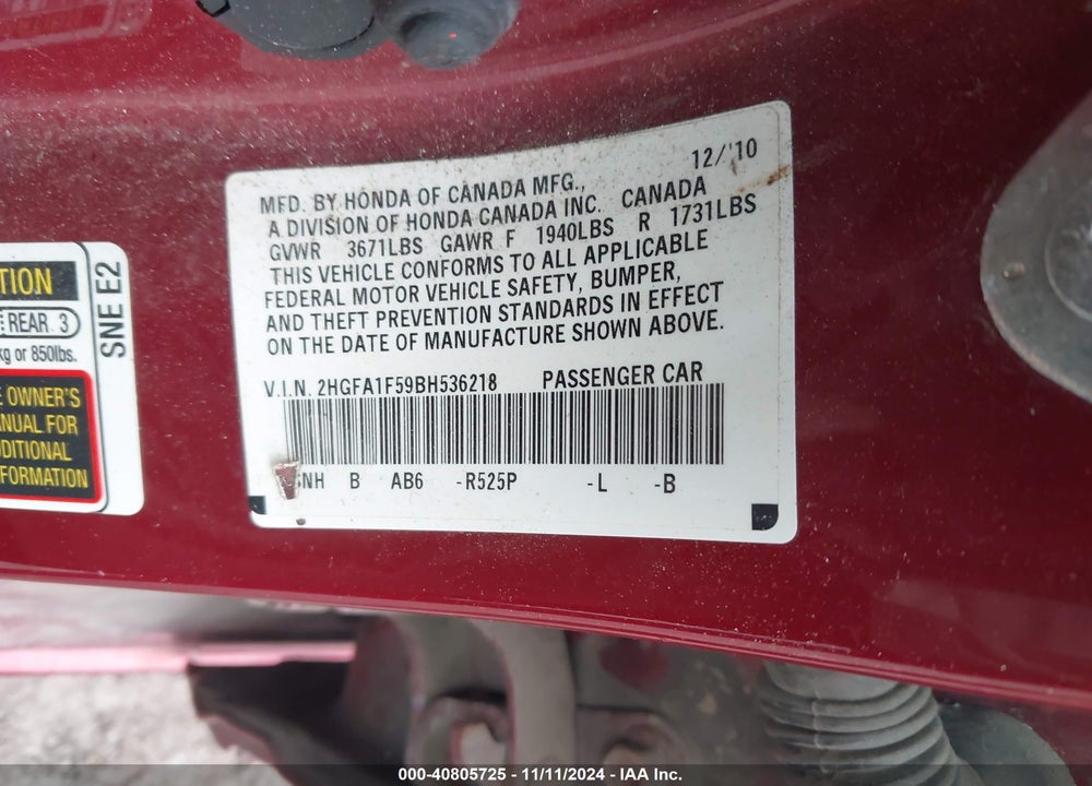 2011 HONDA CIVIC VIN: 2HGFA1F59BH536218