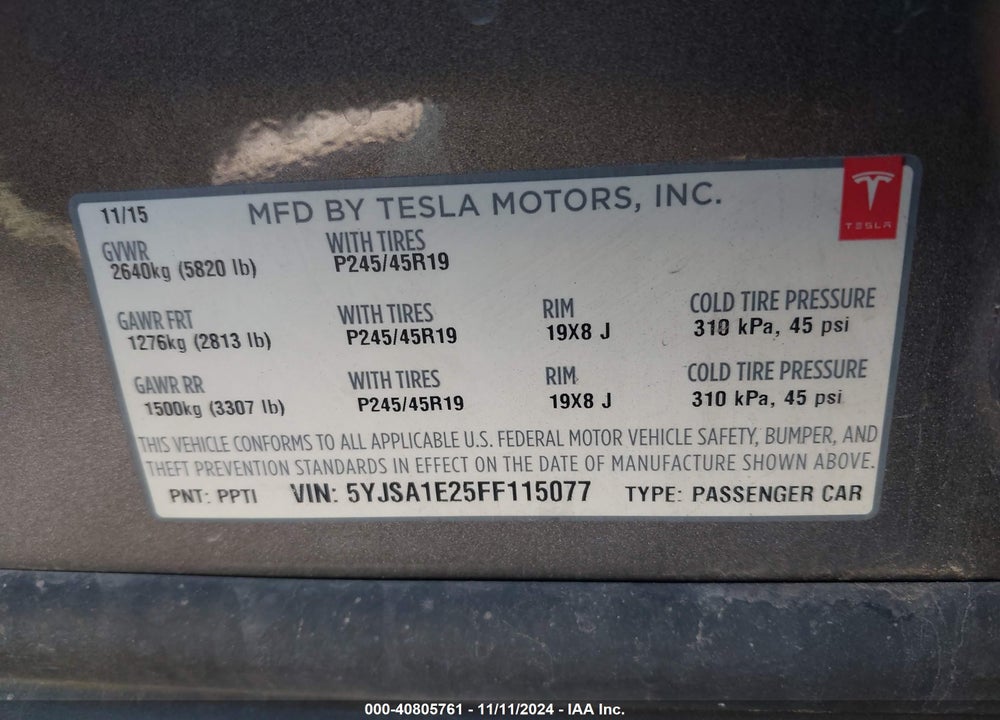 2015 TESLA MODEL S VIN: 5YJSA1E25FF115077