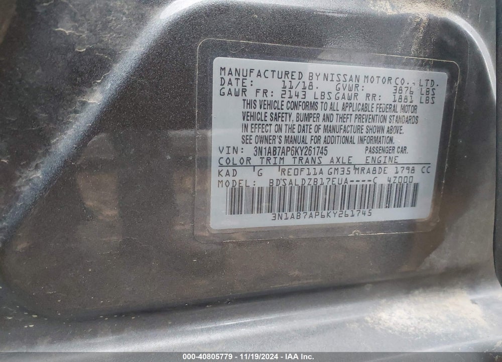 2019 NISSAN SENTRA SV VIN: 3N1AB7AP6KY261745