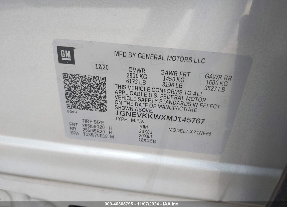 2021 CHEVROLET TRAVERSE AWD PREMIER VIN: 1GNEVKKWXMJ145767