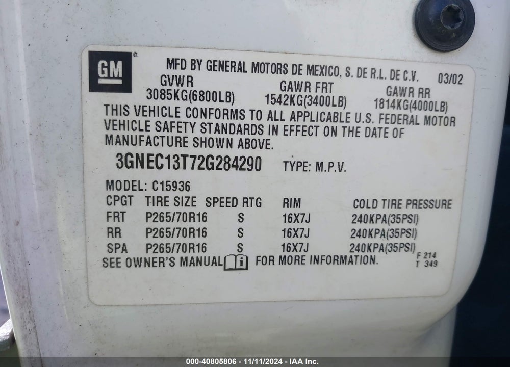 2002 CHEVROLET AVALANCHE 1500 VIN: 3GNEC13T72G284290