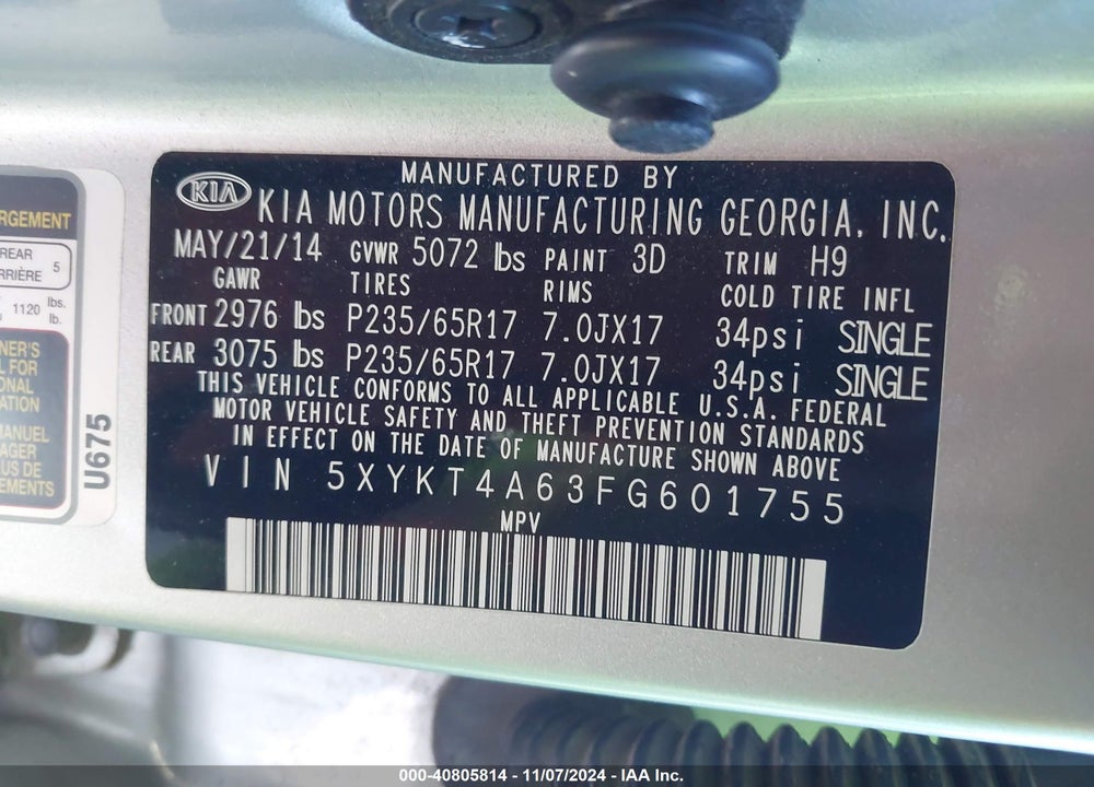 2015 KIA SORENTO LX VIN: 5XYKT4A63FG601755