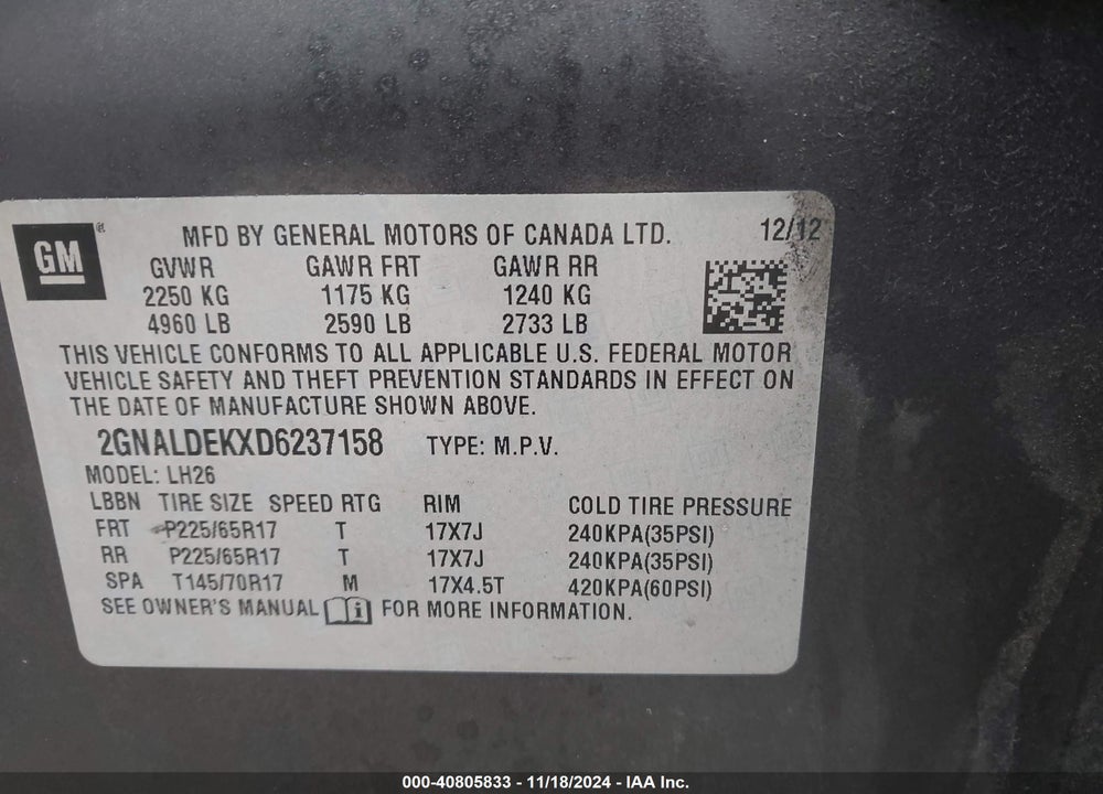 2013 CHEVROLET EQUINOX 1LT VIN: 2GNALDEKXD6237158