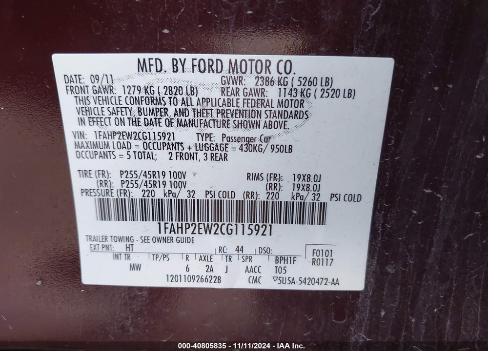 2012 FORD TAURUS SEL VIN: 1FAHP2EW2CG115921
