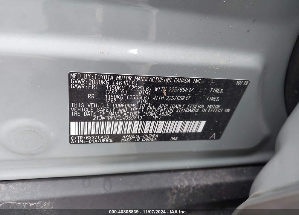 2020 TOYOTA RAV4 XLE VIN: 2T3W1RFV3LW059719