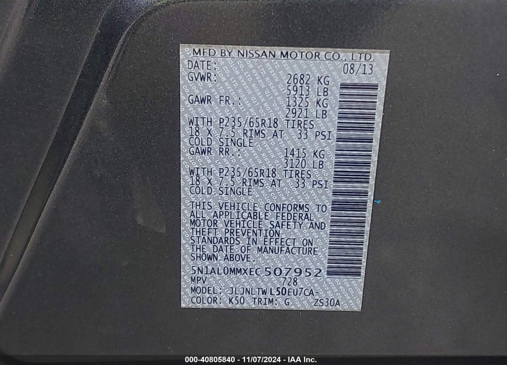 2014 INFINITI QX60 VIN: 5N1AL0MMXEC507952