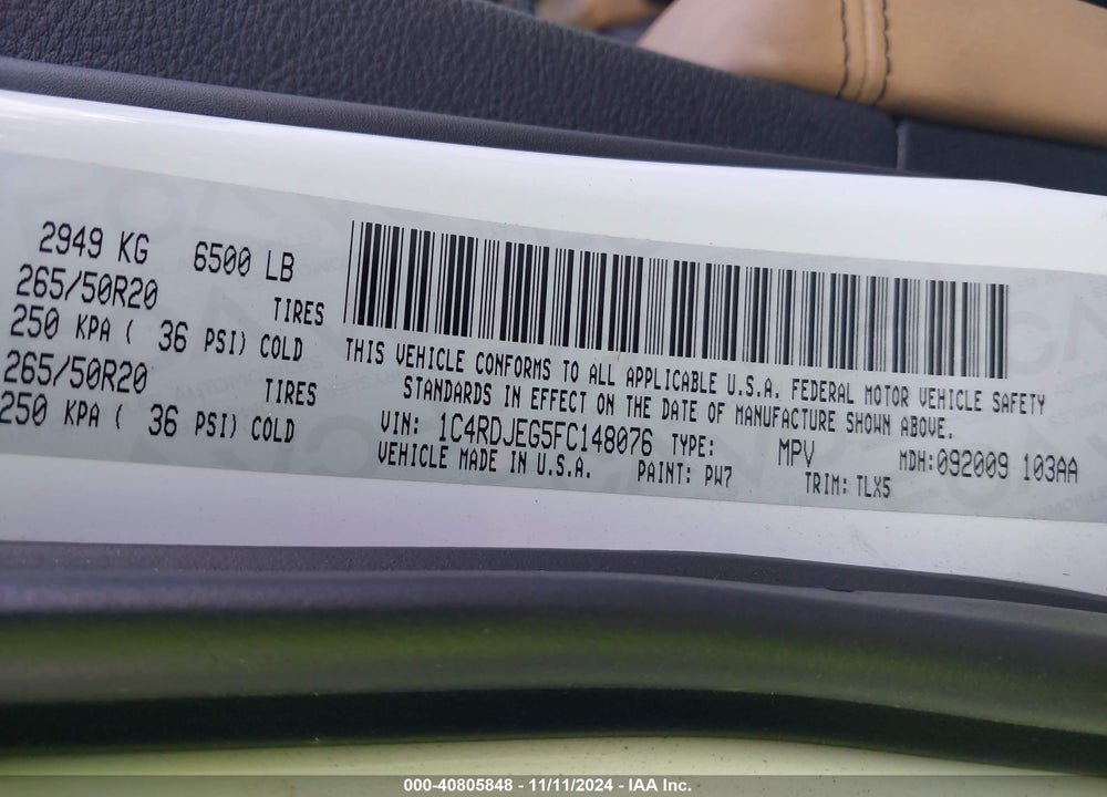 2015 DODGE DURANGO CITADEL VIN: 1C4RDJEG5FC148076
