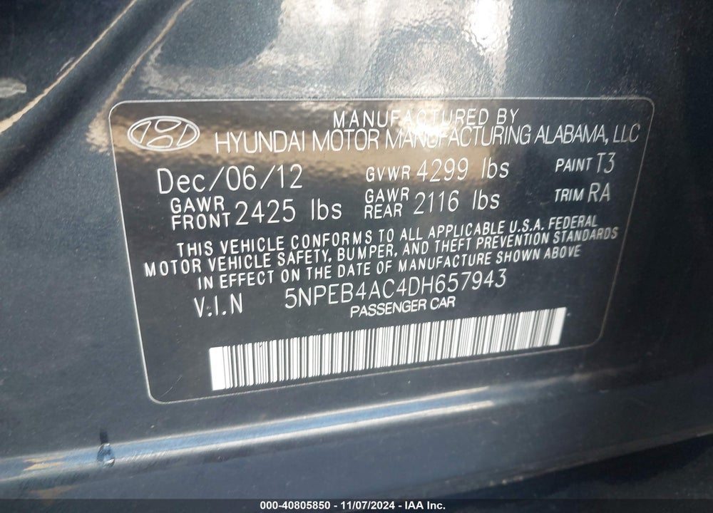 2013 HYUNDAI SONATA GLS VIN: 5NPEB4AC4DH657943