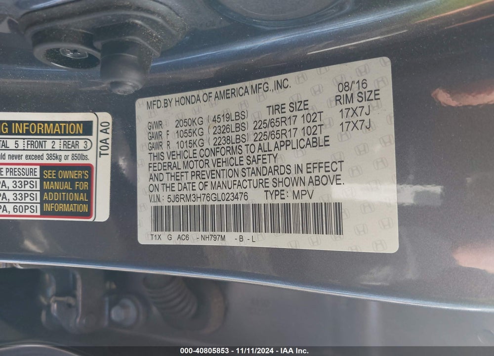 2016 HONDA CR-V EX-L VIN: 5J6RM3H76GL023476