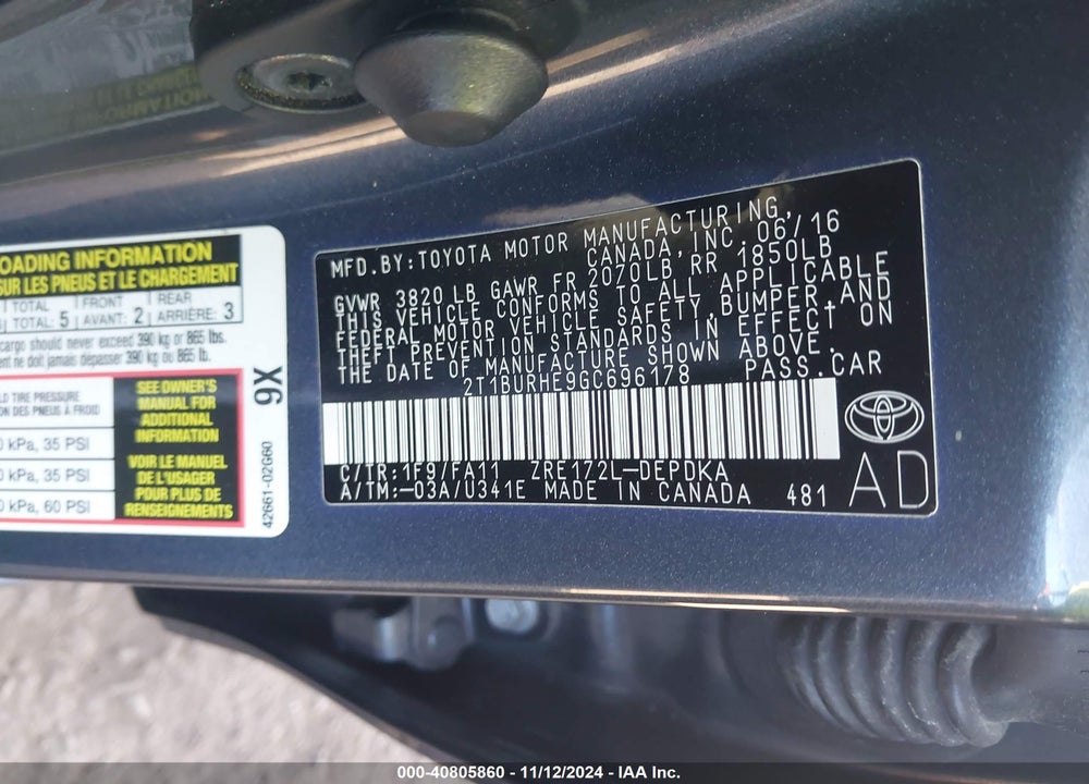 2016 TOYOTA COROLLA VIN: 2T1BURHE9GC696178