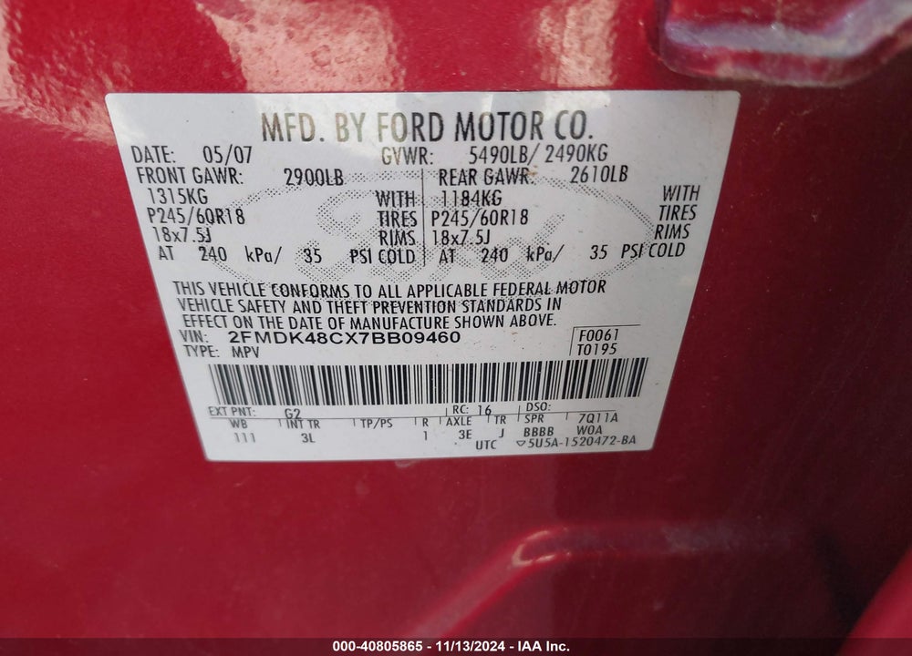 2007 FORD EDGE VIN: 2FMDK48CX7BB09460