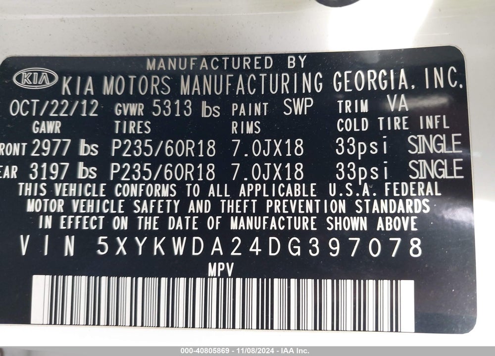 2013 KIA SORENTO SX V6 VIN: 5XYKWDA24DG397078