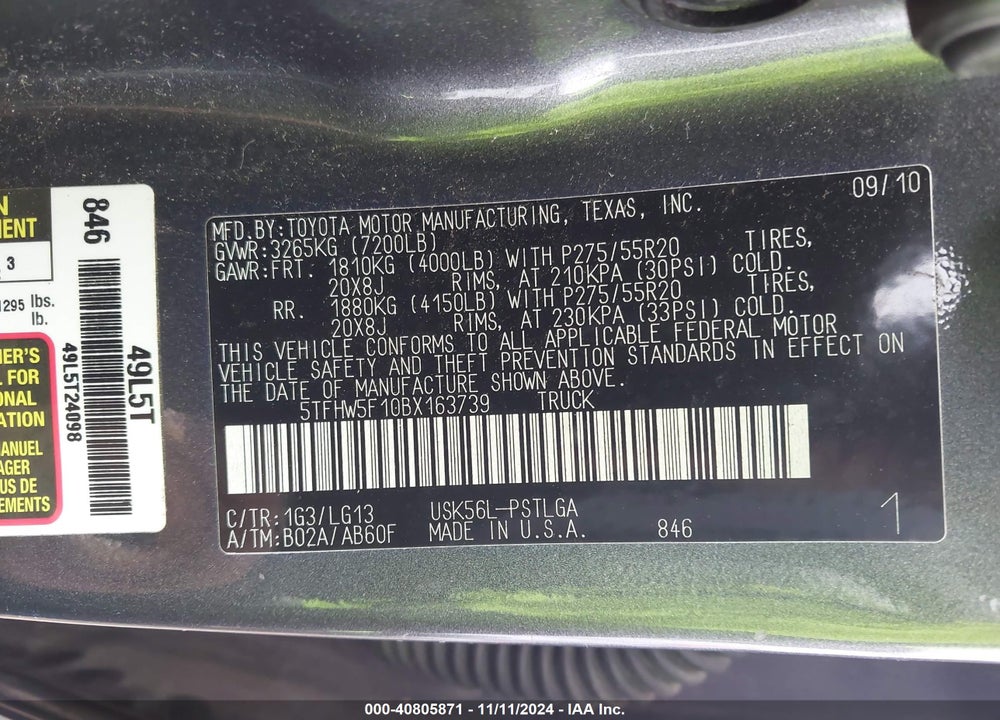 2011 TOYOTA TUNDRA LIMITED 5.7L V8 VIN: 5TFHW5F10BX163739