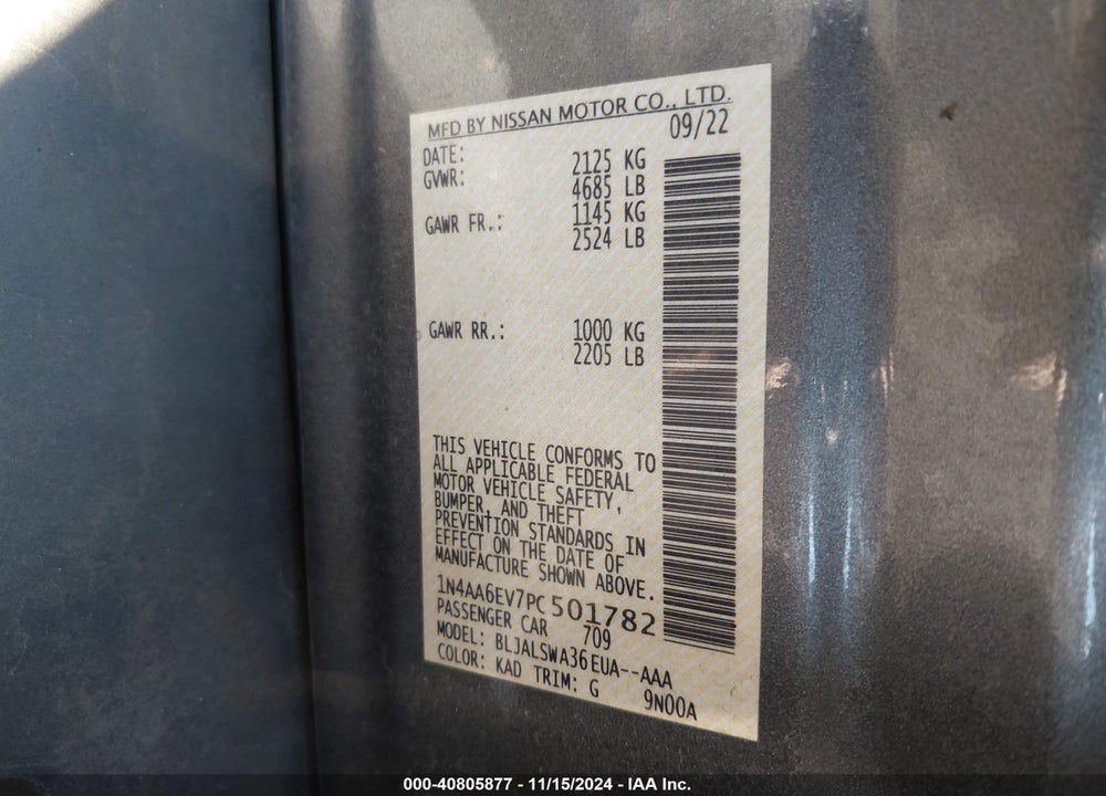 2023 NISSAN MAXIMA SR XTRONIC CVT VIN: 1N4AA6EV7PC501782