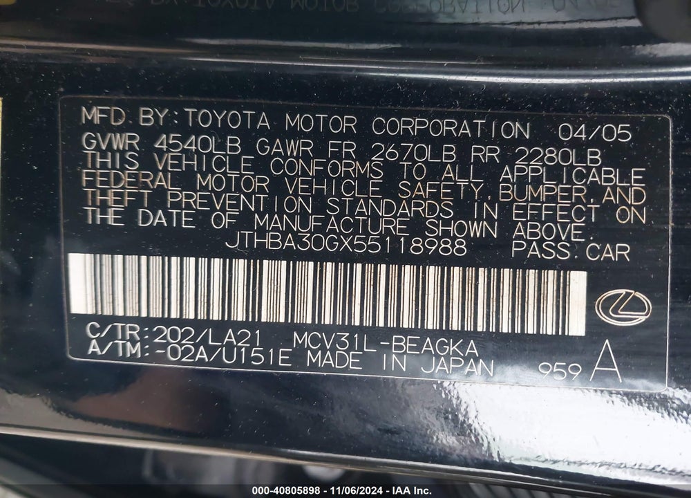 2005 LEXUS ES 330 VIN: JTHBA30GX55118988