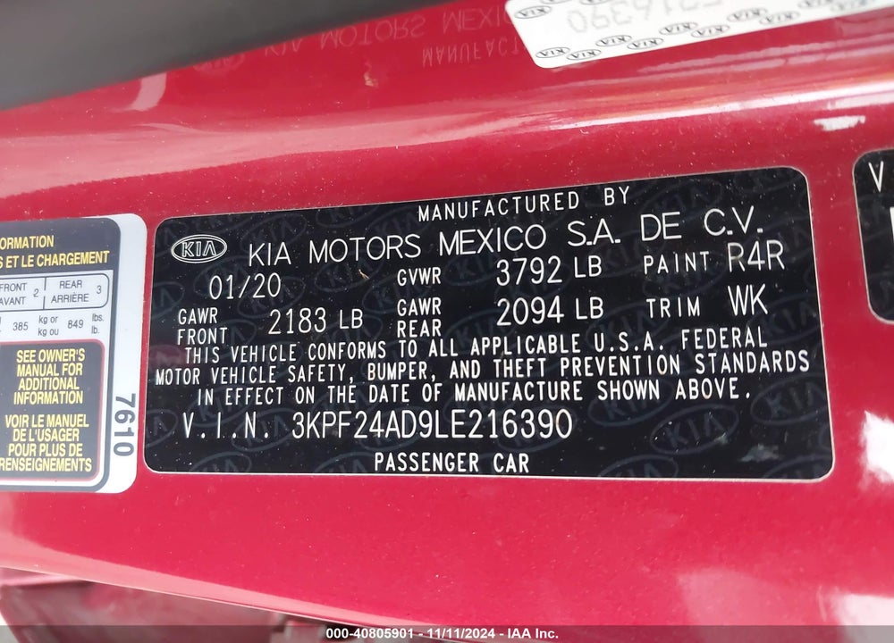 2020 KIA FORTE LXS VIN: 3KPF24AD9LE216390