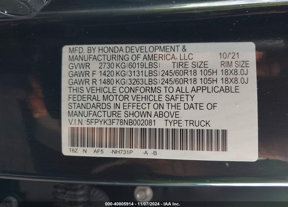 2022 HONDA RIDGELINE RTL-E VIN: 5FPYK3F78NB002081