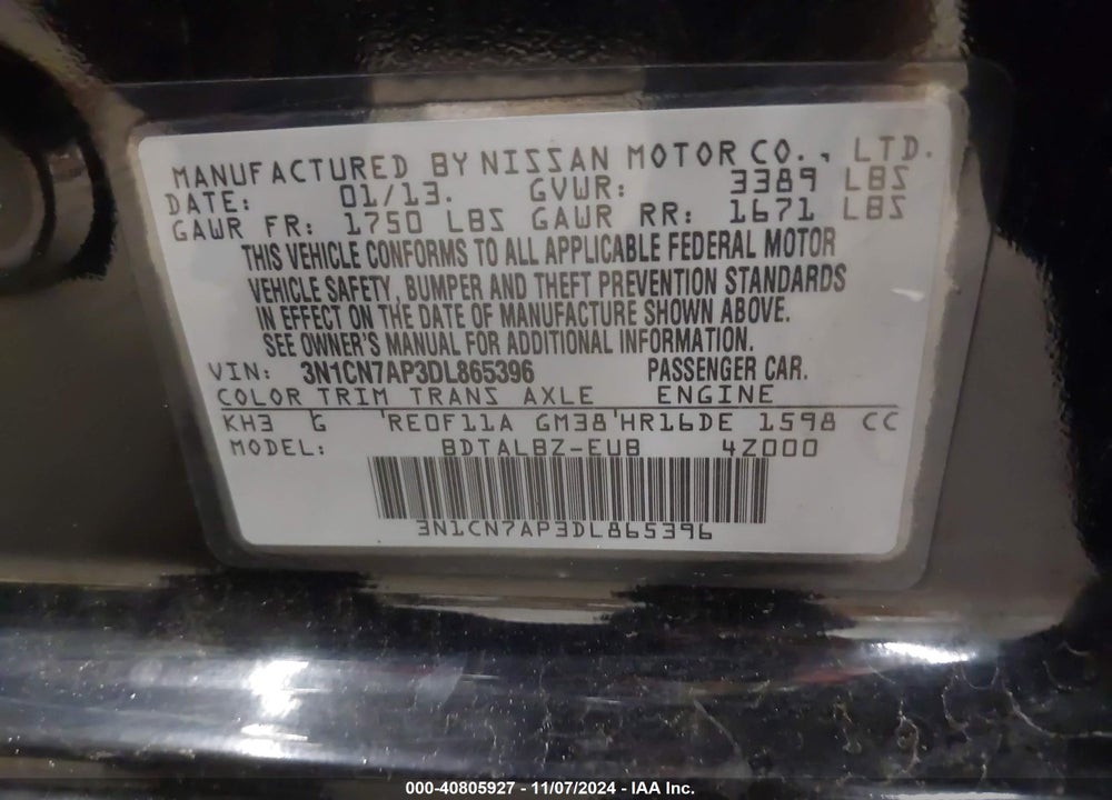2013 NISSAN VERSA 1.6 SV VIN: 3N1CN7AP3DL865396