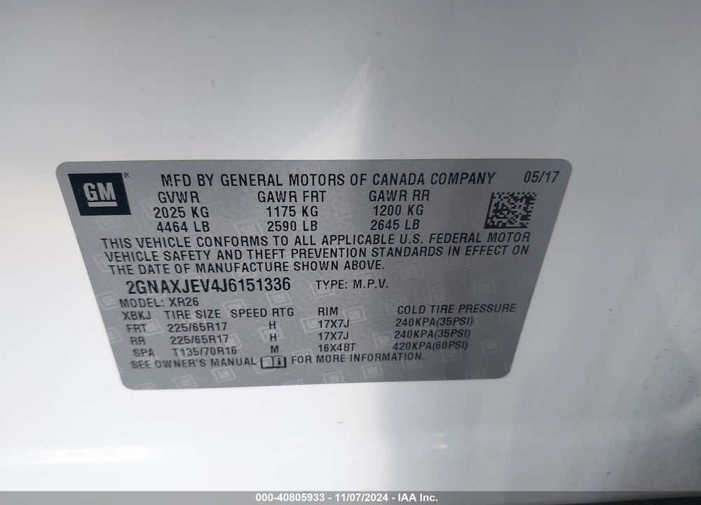 2018 CHEVROLET EQUINOX LT VIN: 2GNAXJEV4J6151336