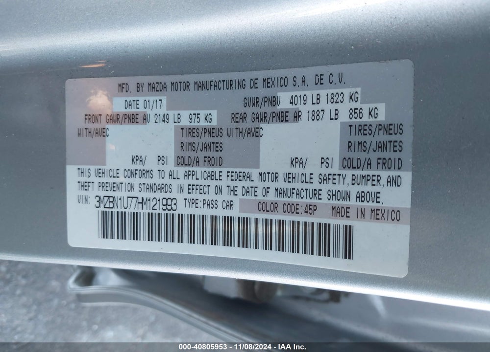 2017 MAZDA MAZDA3 VIN: 3MZBN1U77HM121993