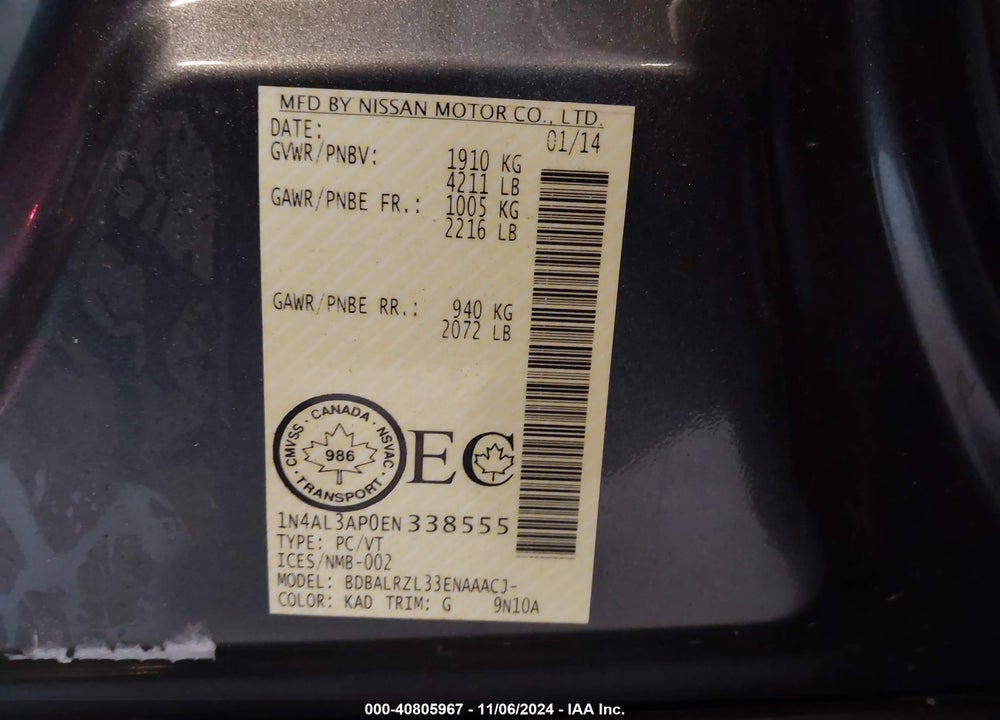 2014 NISSAN ALTIMA 2.5/2.5 S/2.5 SL/2.5 SV VIN: 1N4AL3AP0EN338555