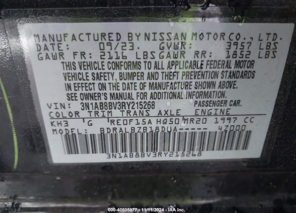 2024 NISSAN SENTRA VIN: 3N1AB8BV3RY215268