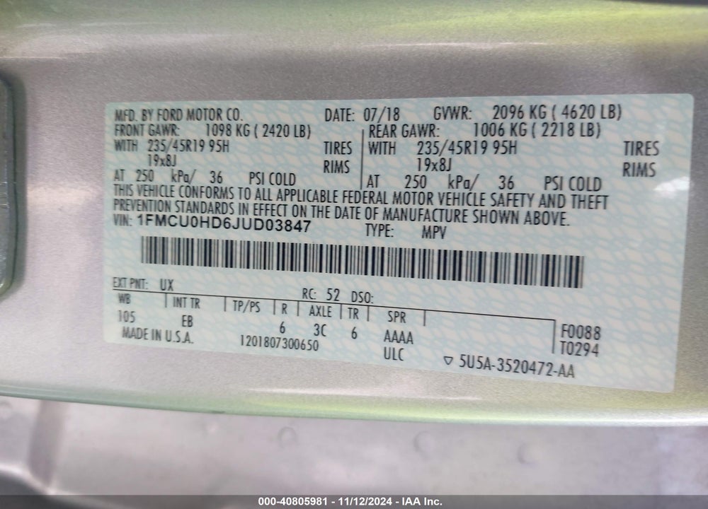 2018 FORD ESCAPE SEL VIN: 1FMCU0HD6JUD03847